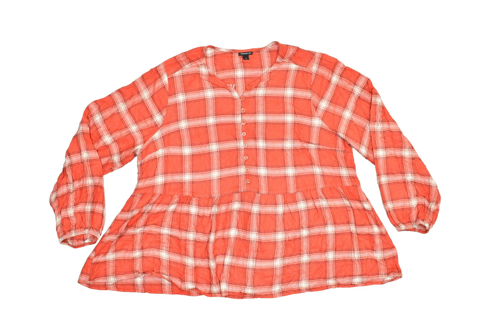 Torrid Red & White Plaid Blouse Plus Size 2 Peplum Top Peasant Shirt
